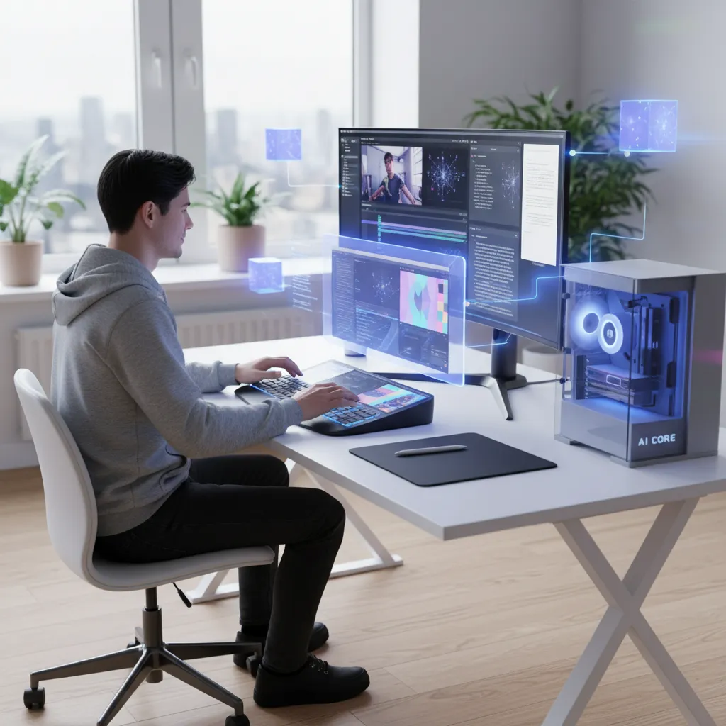 User demonstrating enhanced productivity with an AI PC for creative tasks.