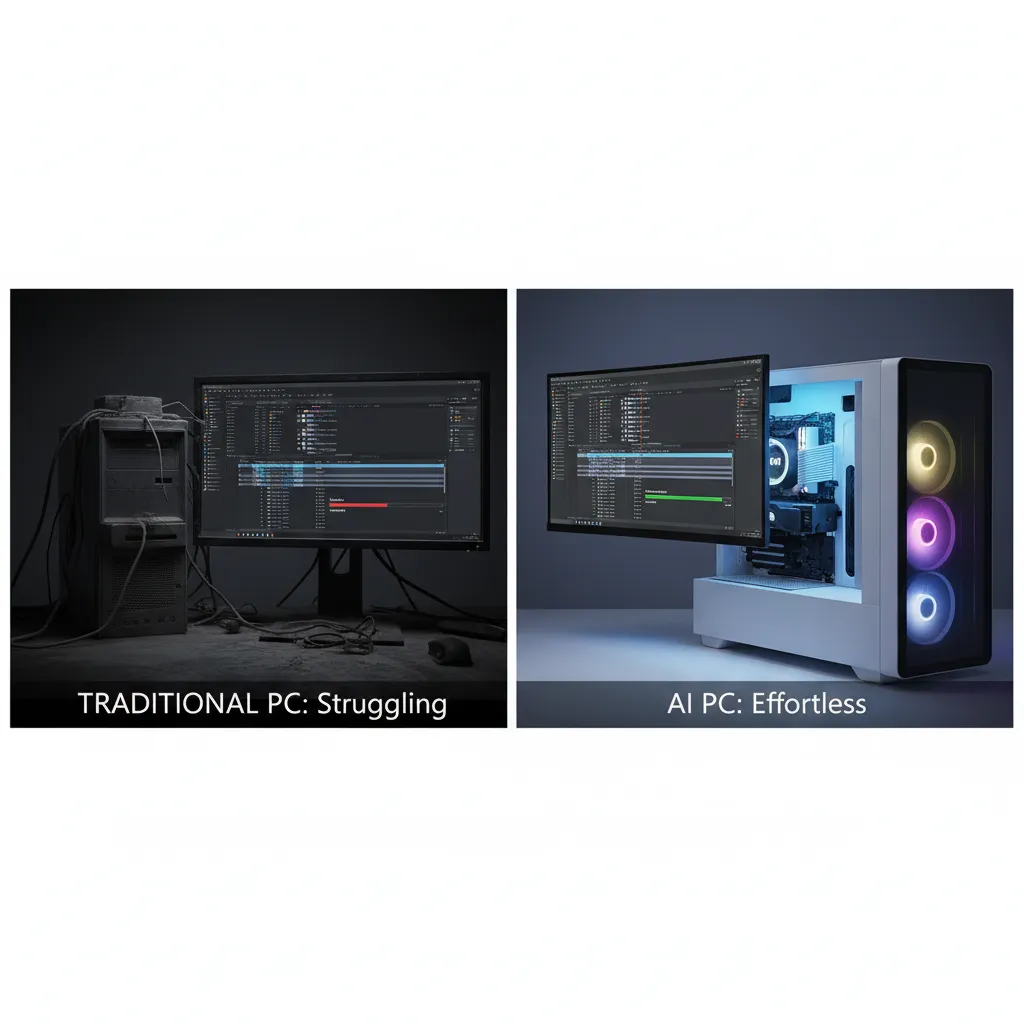A split-screen image showing the performance difference between a traditional PC and an AI PC running a creative application like Adobe Photoshop or DaVinci Resolve.