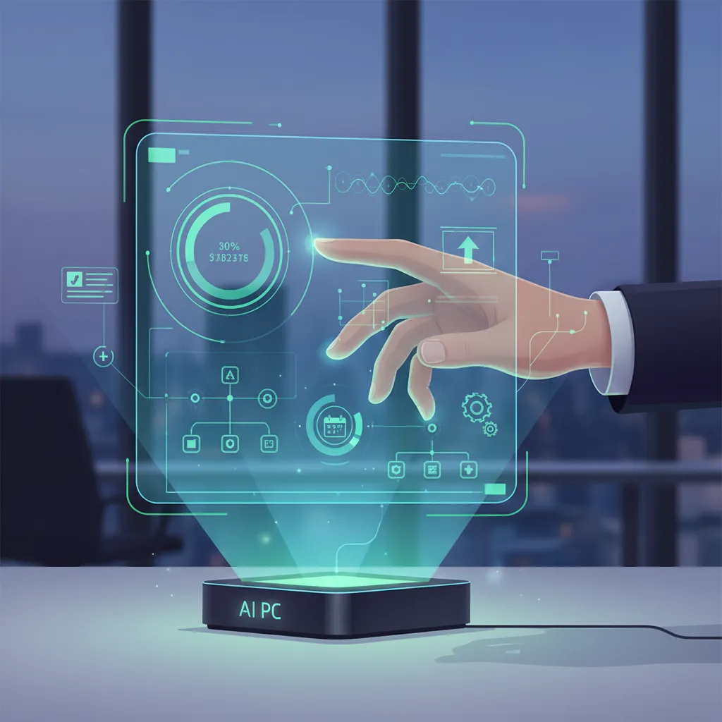 Hand interacting with holographic AI PC interface for productivity