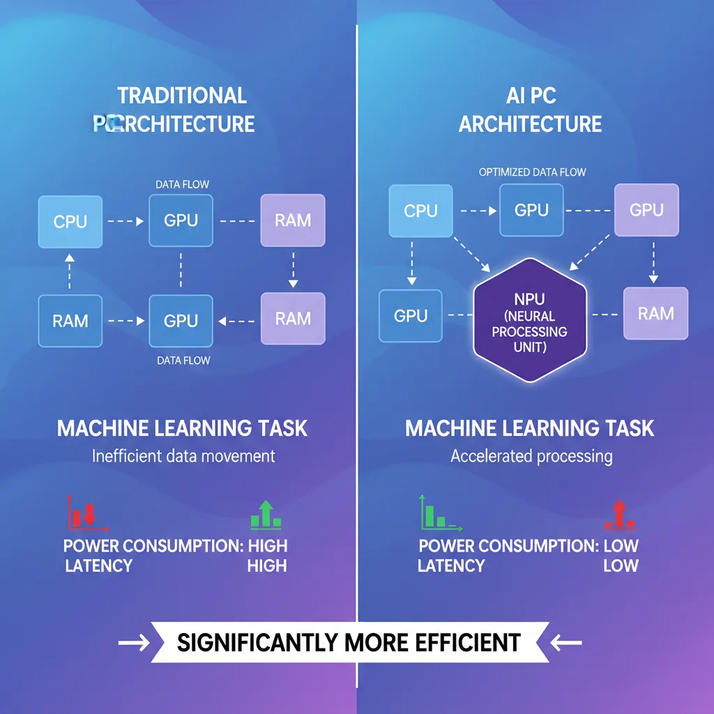 An infographic comparing the architecture of a traditional PC with a new AI PC, highlighting the Neural Processing Unit (NPU).
