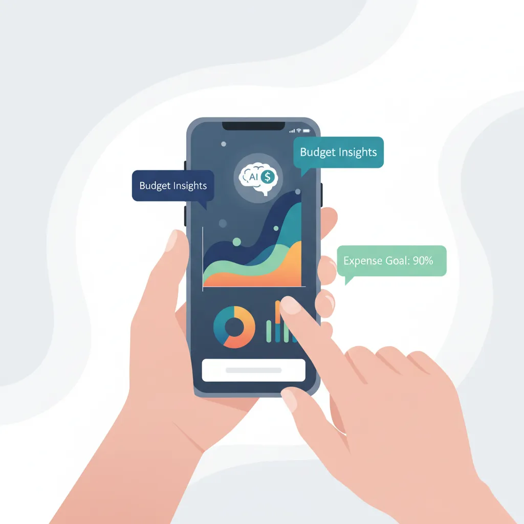 An illustration of a person using a mobile banking app that shows AI-powered financial insights and charts.