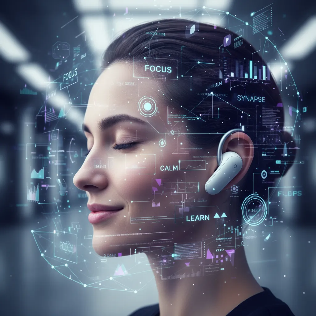 Person with smart earbuds experiencing AI-driven personalized learning and wellness insights.