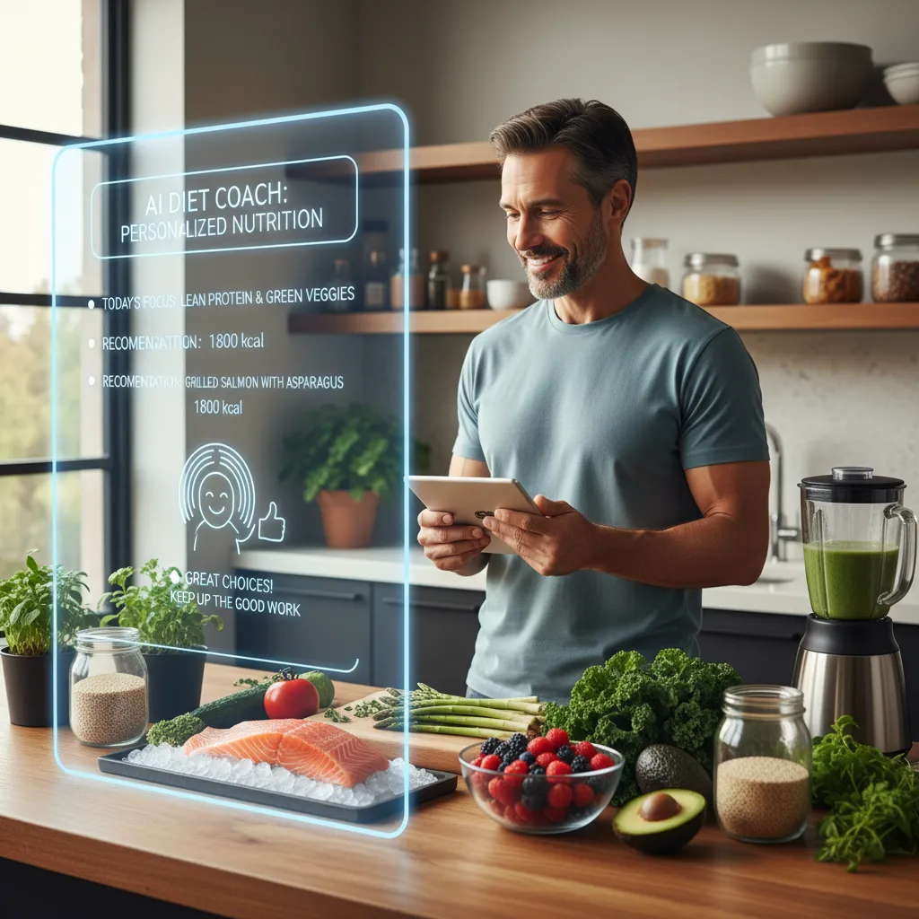 AI assistant providing personalized dietary recommendations in a modern kitchen