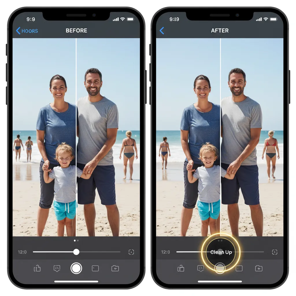 A photo of a person is edited using the new Clean Up tool to remove background objects.