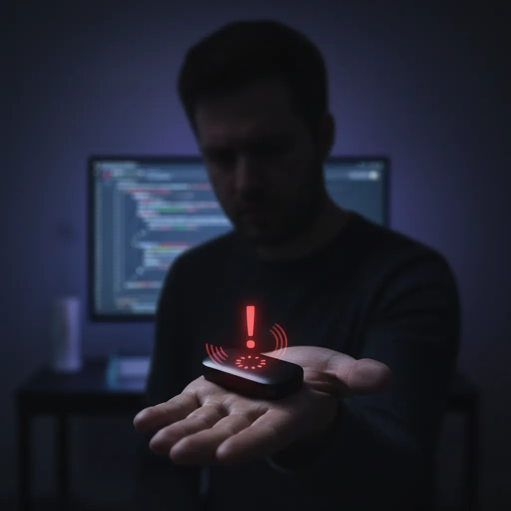 A conceptual photo showing a frustrated user holding an AI Pin as error symbols are projected onto their hand.