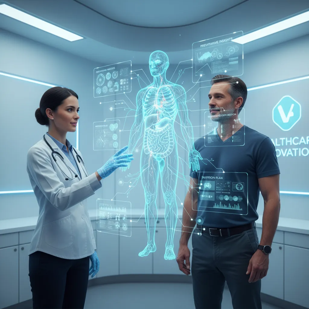 Doctor and patient reviewing AI-generated holographic health data