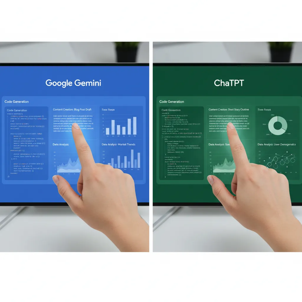 Two hands interacting with Gemini and ChatGPT interfaces, showing feature comparison.