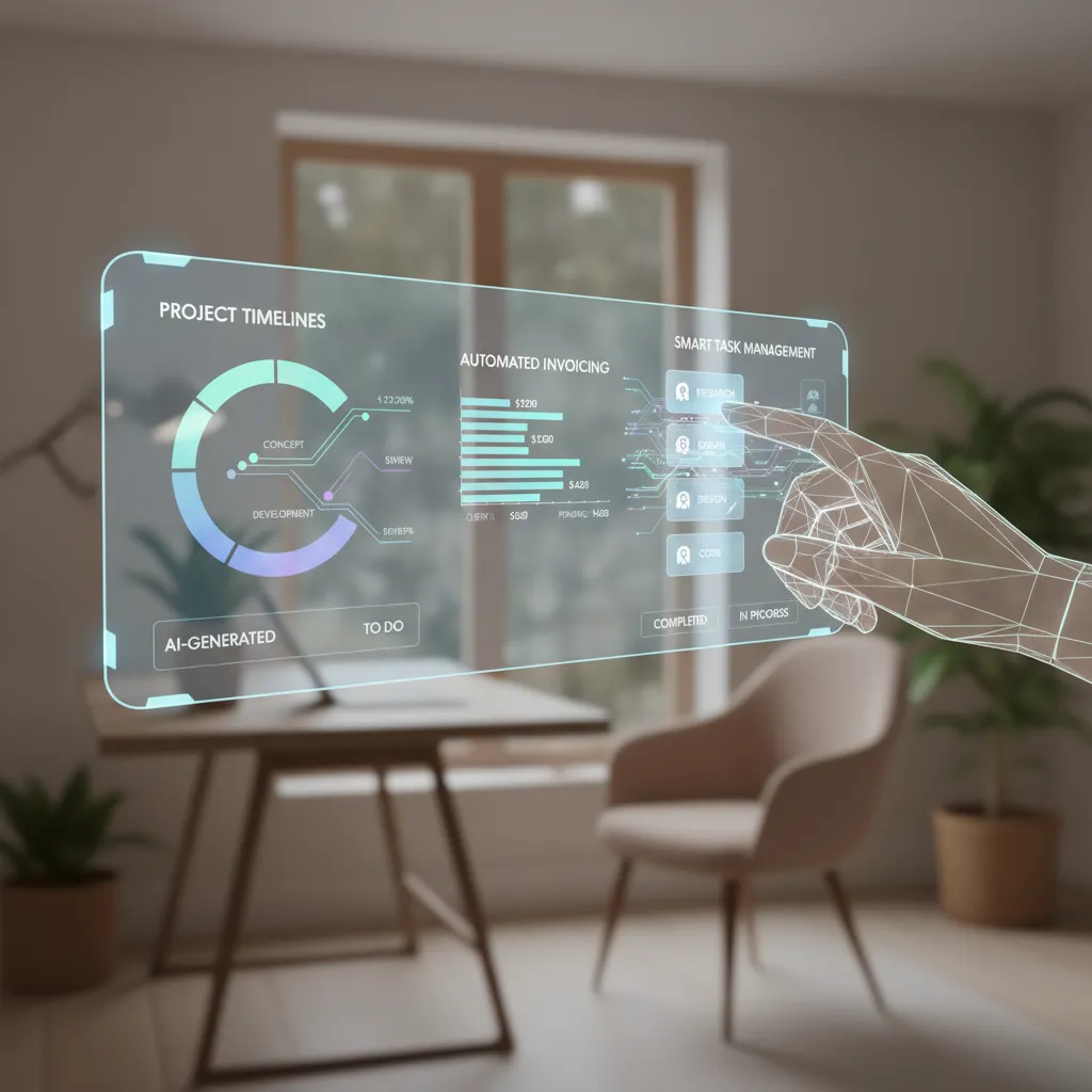 Freelancer using AI for project management and invoicing on a holographic display