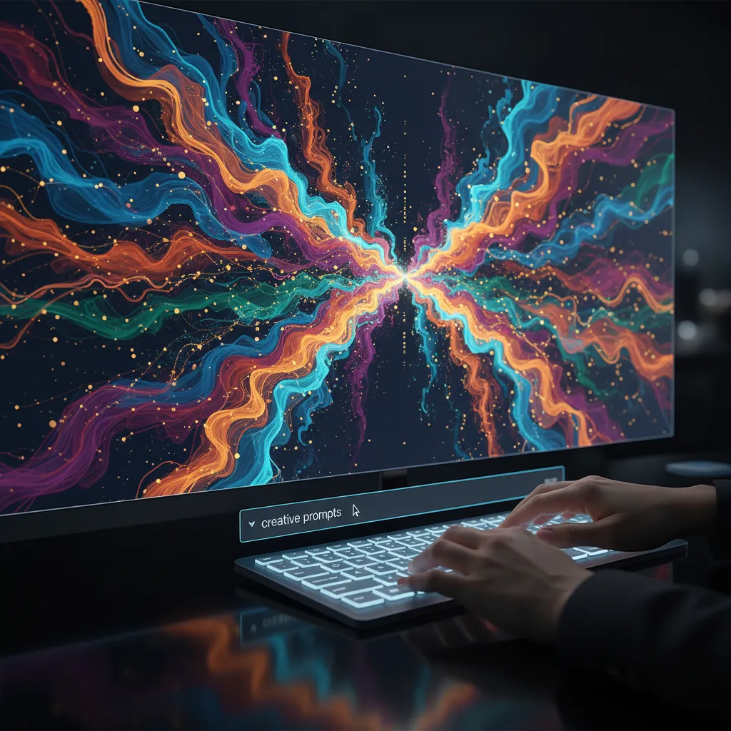 Hands typing creative prompts into an AI interface.