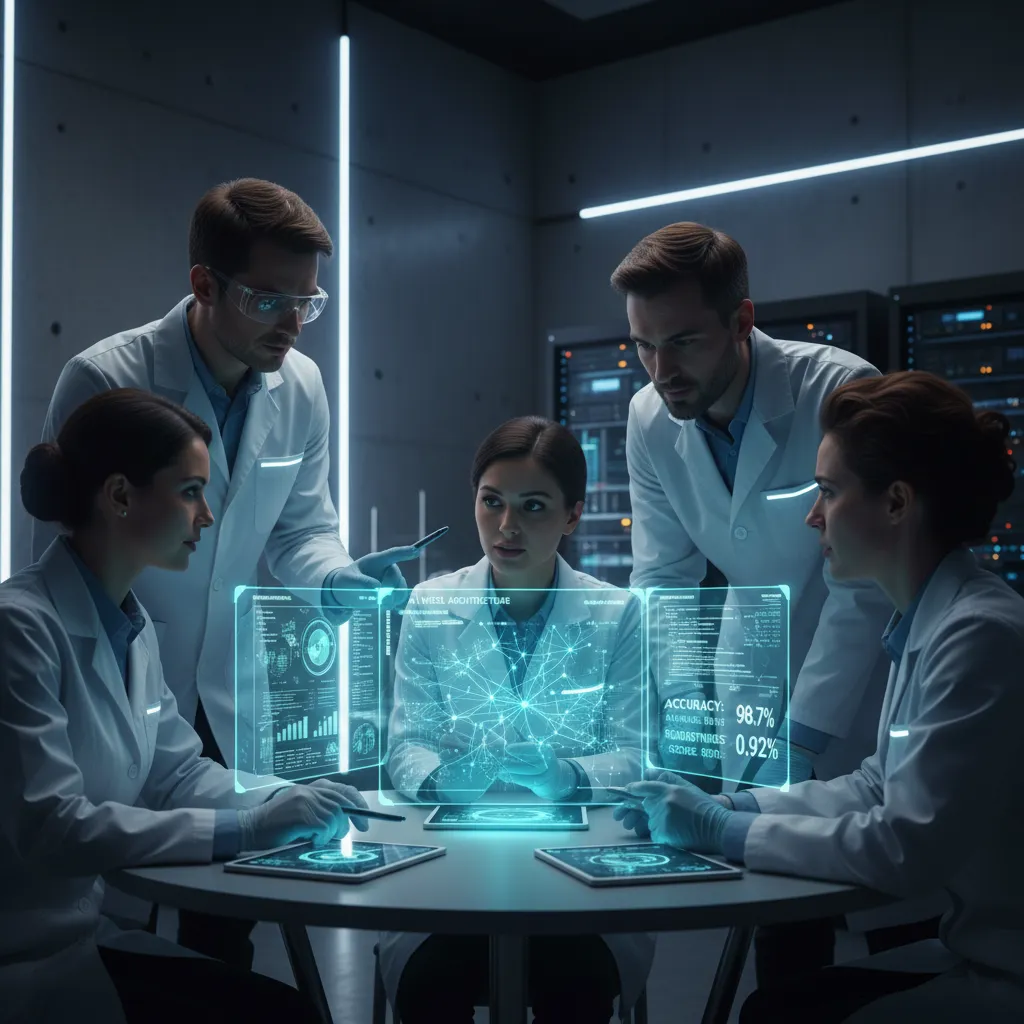 Researchers examining holographic data projections of AI model outputs.