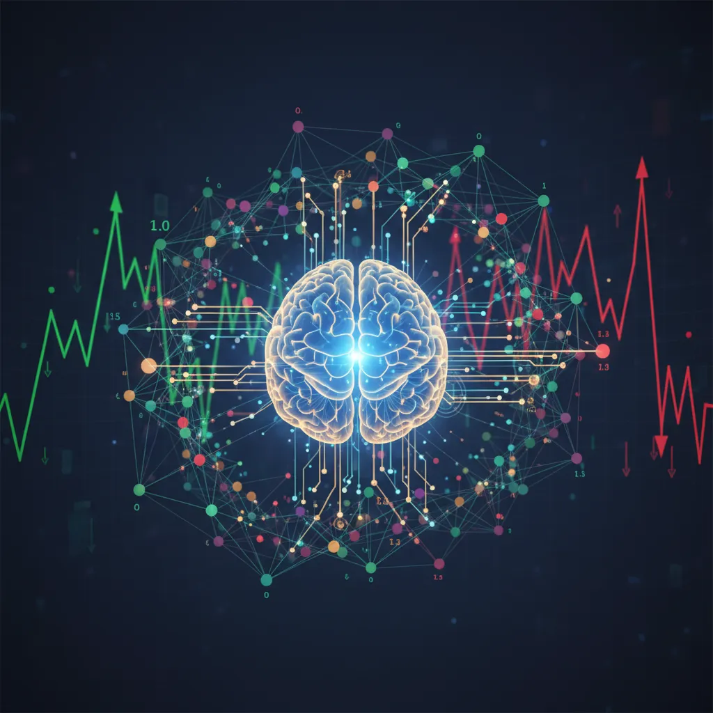 A holographic display showing a complex network of financial risk factors being analyzed by AI