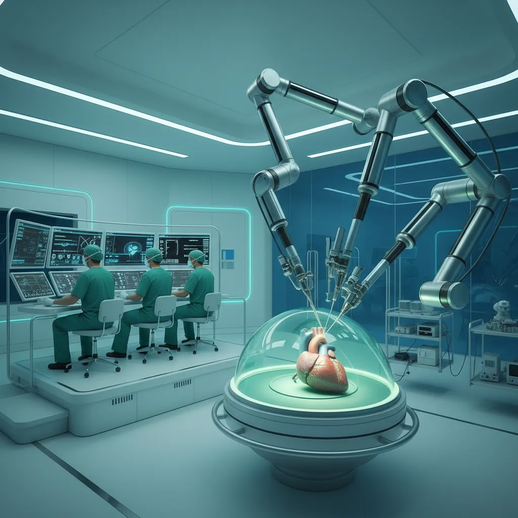 Robotic arm performing surgery with human surgeons overseeing the process.