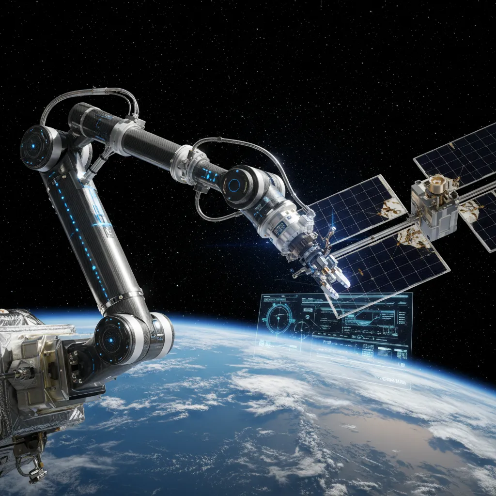 AI-guided robotic arm maintaining a satellite in Earth orbit