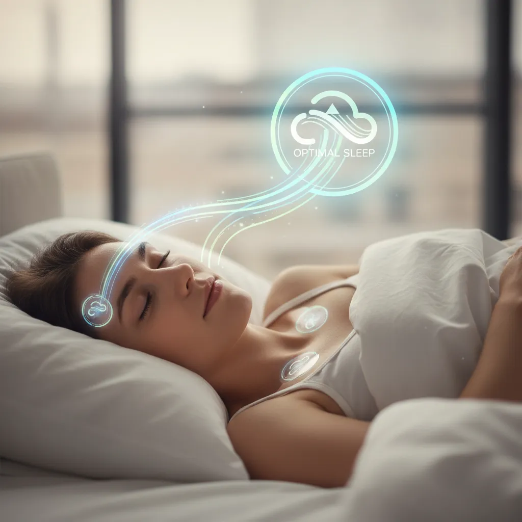 Person sleeping with subtle biometric smart patch, data streams, improved sleep graphic