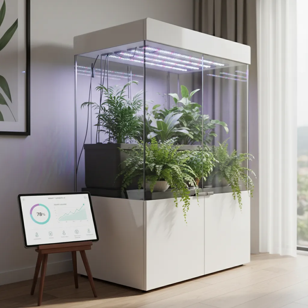 A smart sprinkler system with AI technology adjusting its spray based on real-time soil moisture data in a lush garden.