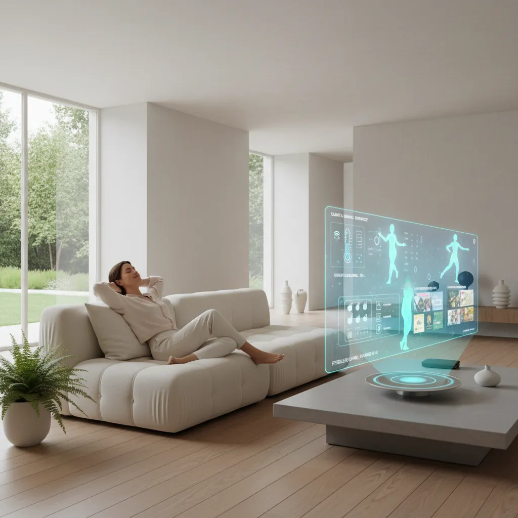 Person relaxing on a couch as AI agents manage smart home settings like lighting and temperature in the background