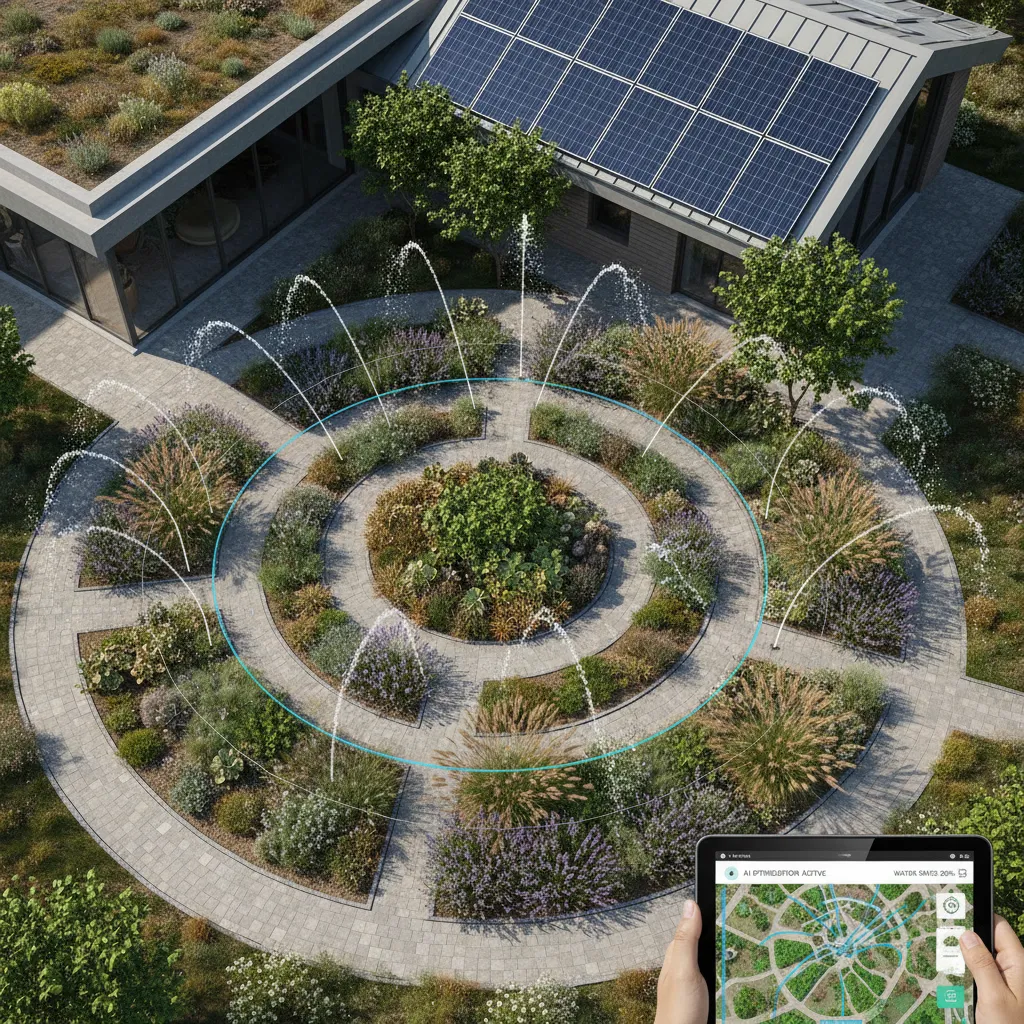 A lush green garden being watered by an AI-powered smart irrigation system