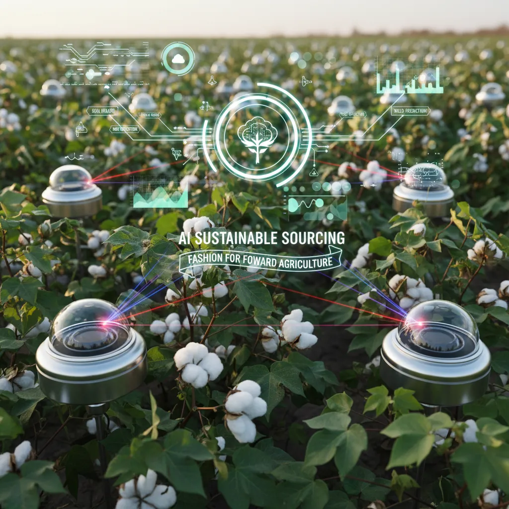AI sensors scanning organic cotton fields for sustainable fashion.