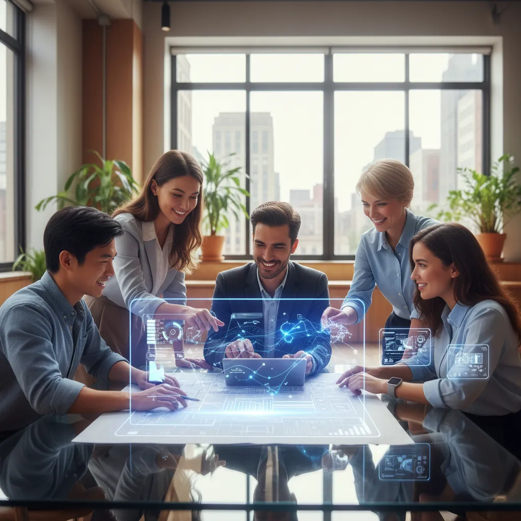 Diverse team collaborating with AI holographic elements
