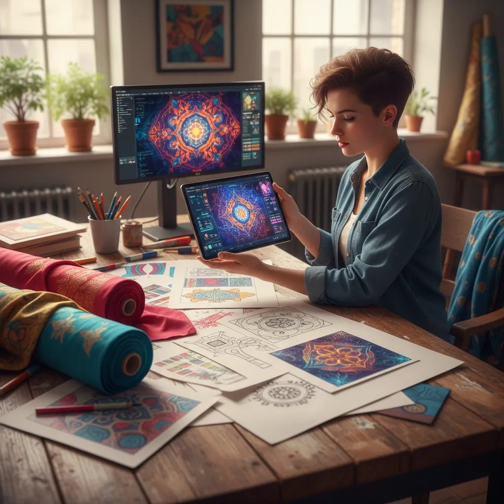 An AI generating intricate and colorful textile design patterns on a digital canvas.