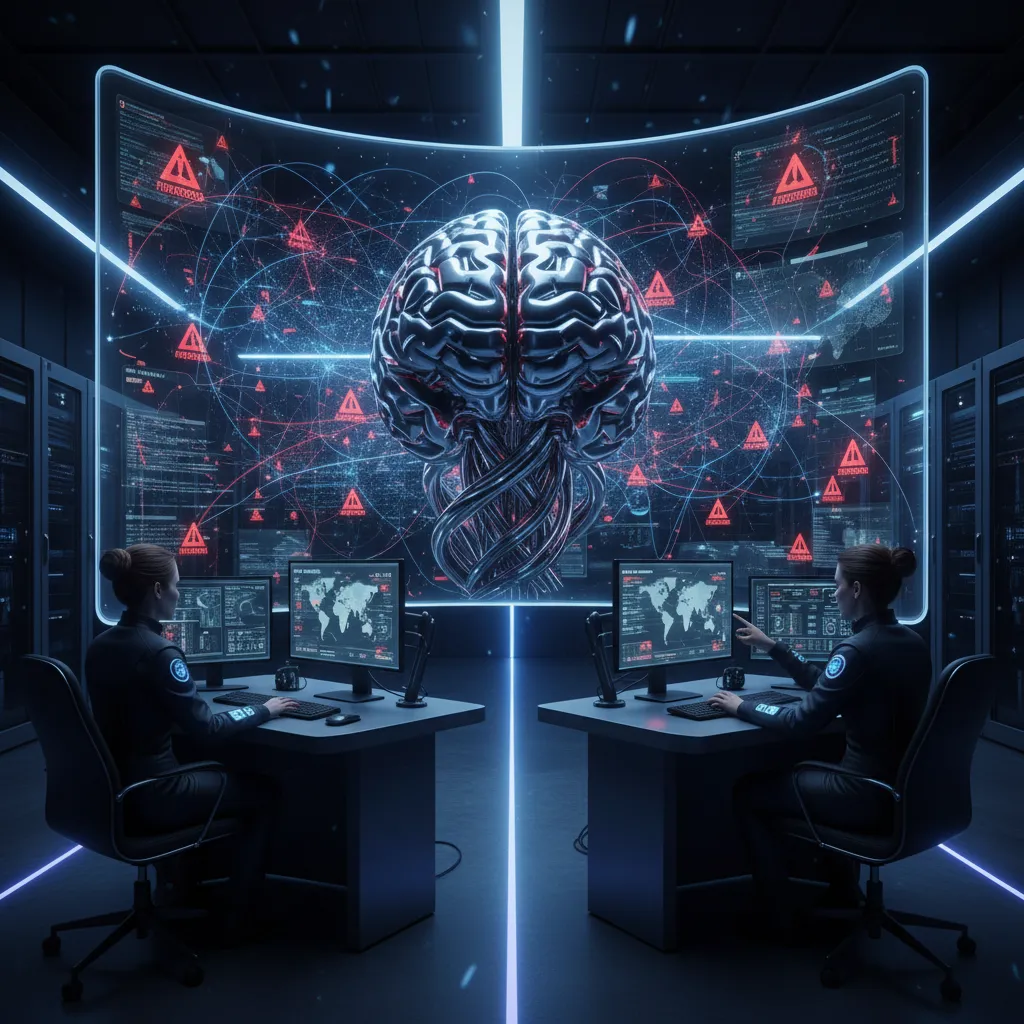 Artificial intelligence analyzing cyber threats in a futuristic security operations center.