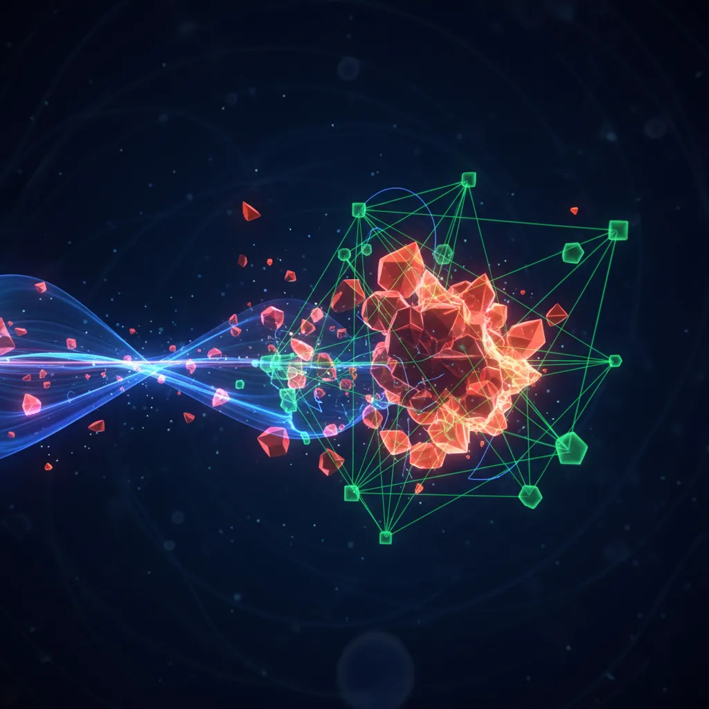 An abstract visualization of machine learning algorithms detecting anomalies in a stream of data, symbolizing threat detection.