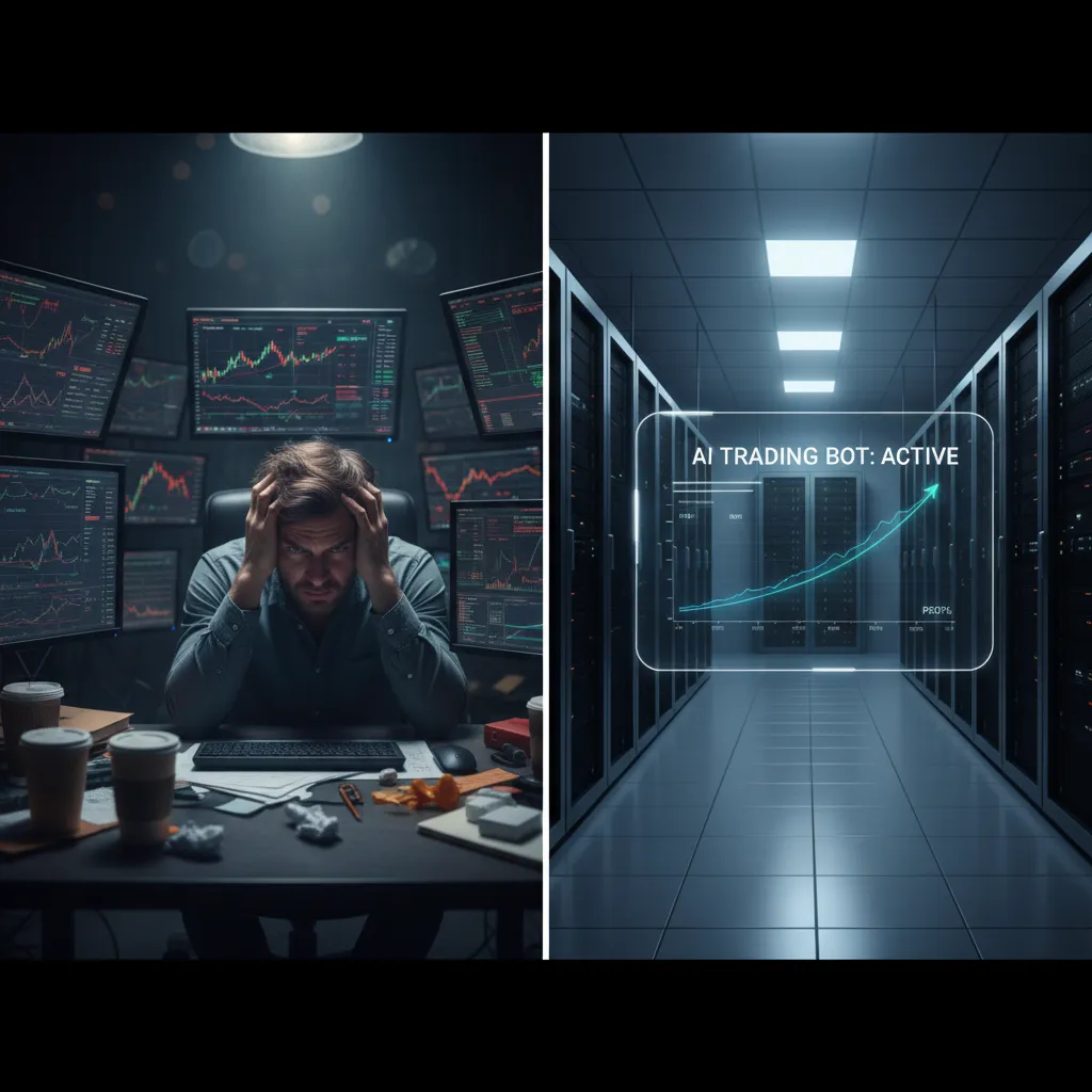 A comparison of a human trader looking stressed versus an automated AI bot working efficiently.