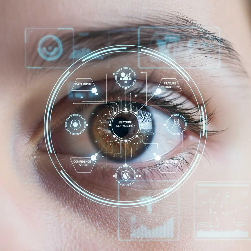 Human eye with transparent AI decision-making process in the pupil.