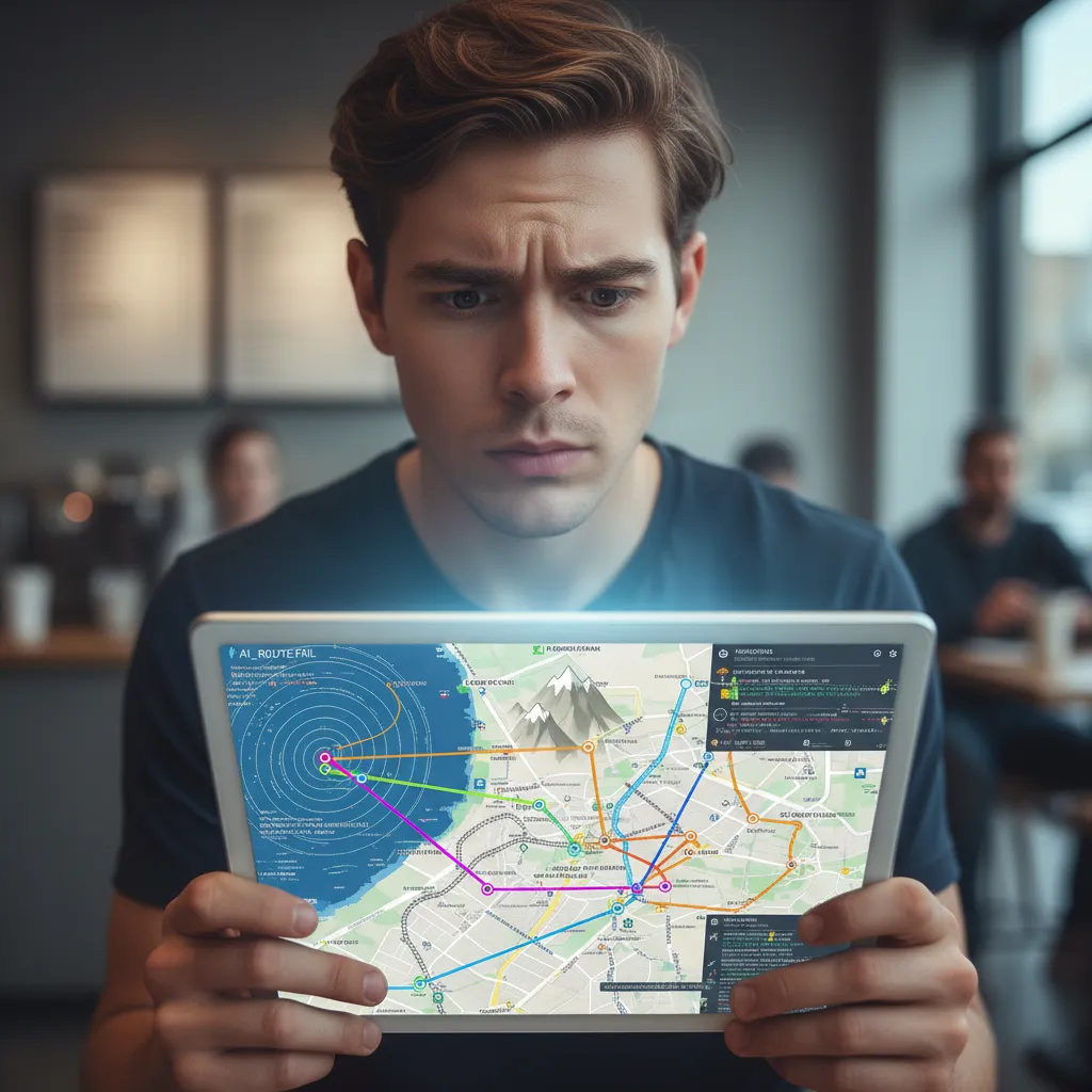 An illustration showing the potential downsides of AI in travel, like a confusing, glitchy map.