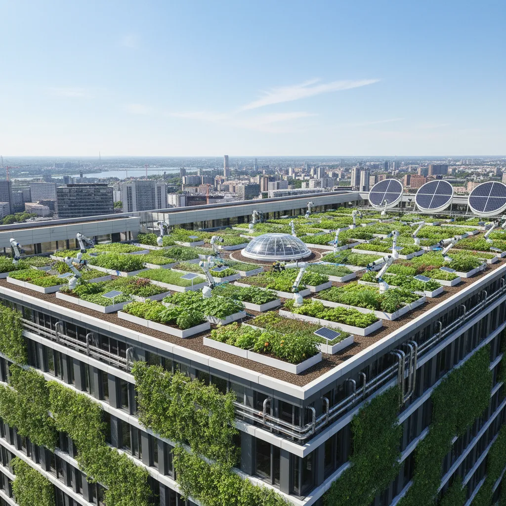 AI robotic arms in a rooftop urban farm