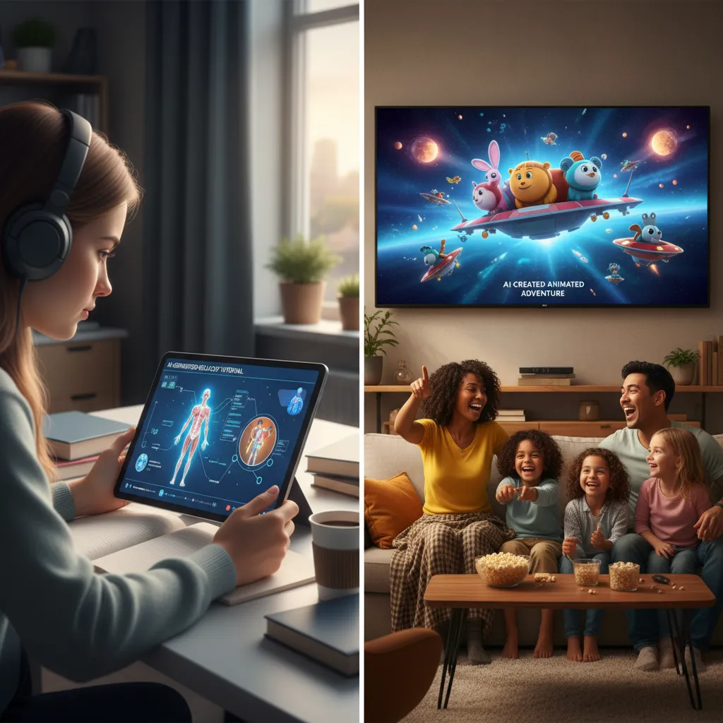 Split image: student with AI educational video, people with AI animated film.