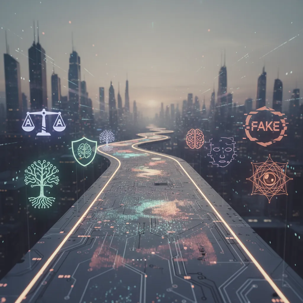 Visual metaphor for ethical considerations in AI video, showing blurred paths and symbols of responsible AI.