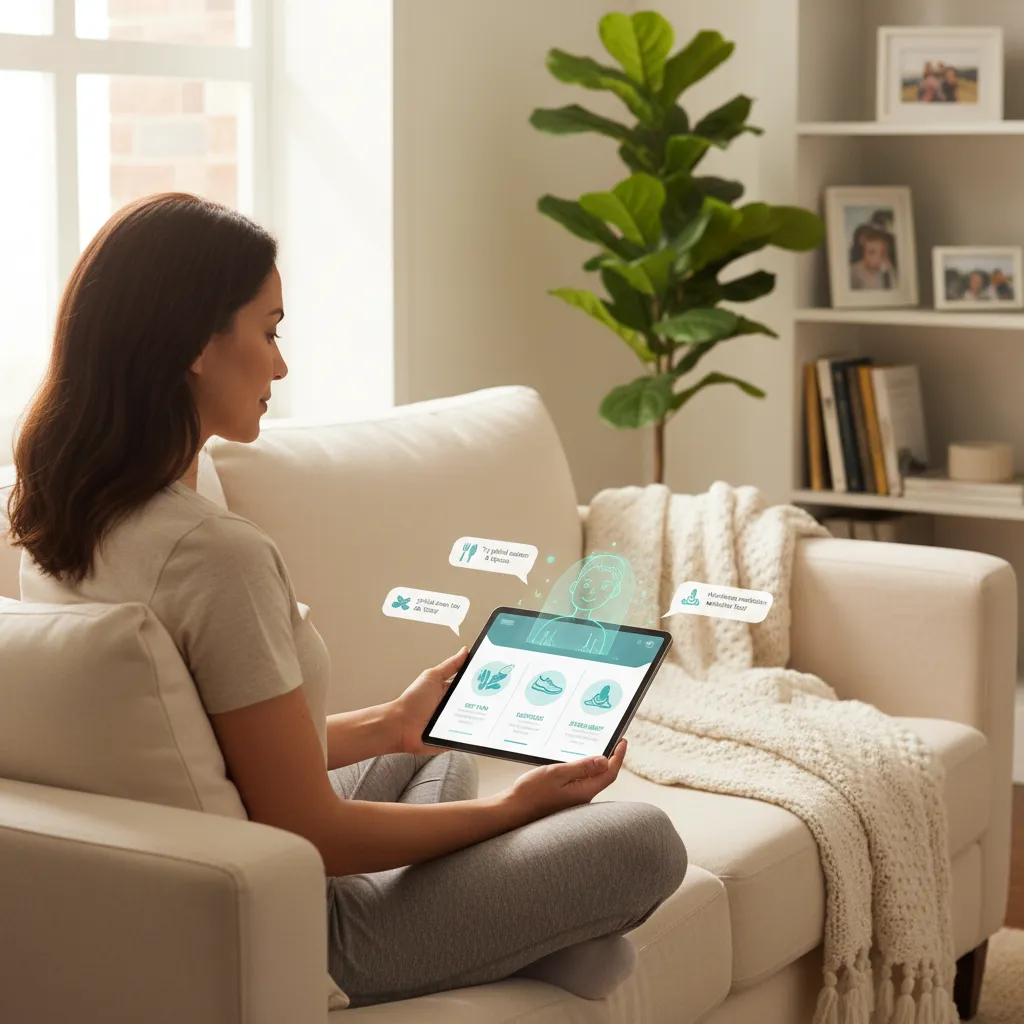 A person on their couch talking to a friendly AI assistant on a tablet, which is displaying health metrics and personalized advice.