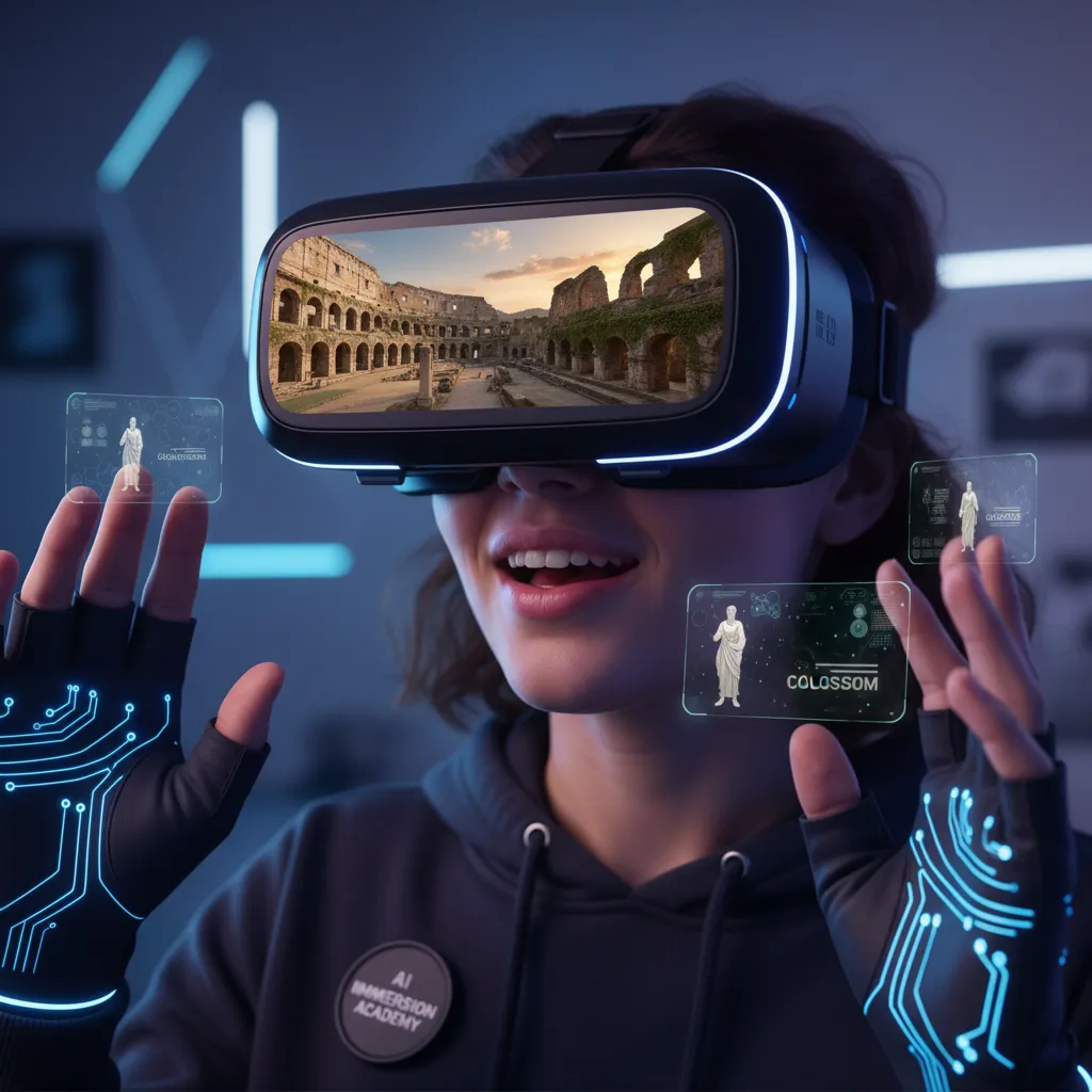 Student using VR goggles for an AI-powered virtual field trip.