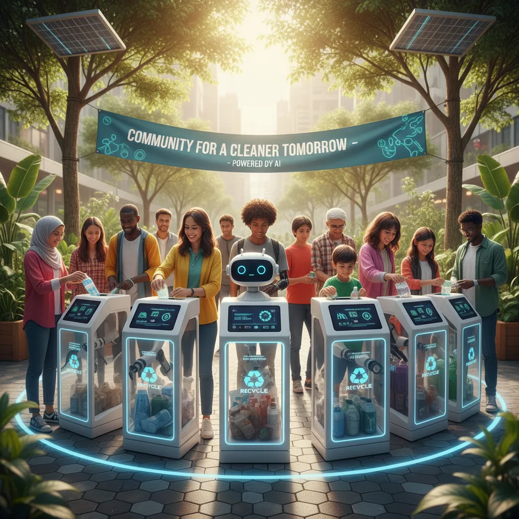 AI assisted community recycling program with robotic arms sorting materials on a conveyor belt.