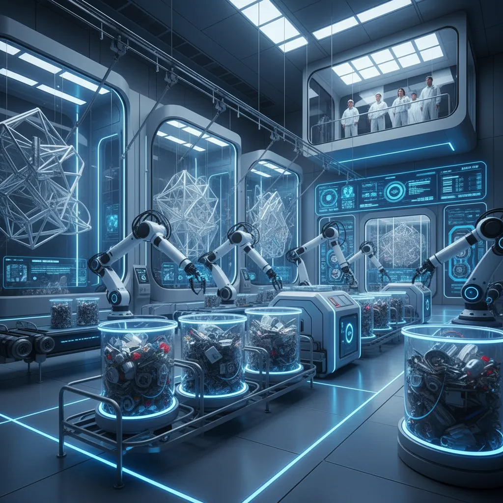 AI robots efficiently sorting and recycling materials in a futuristic waste facility