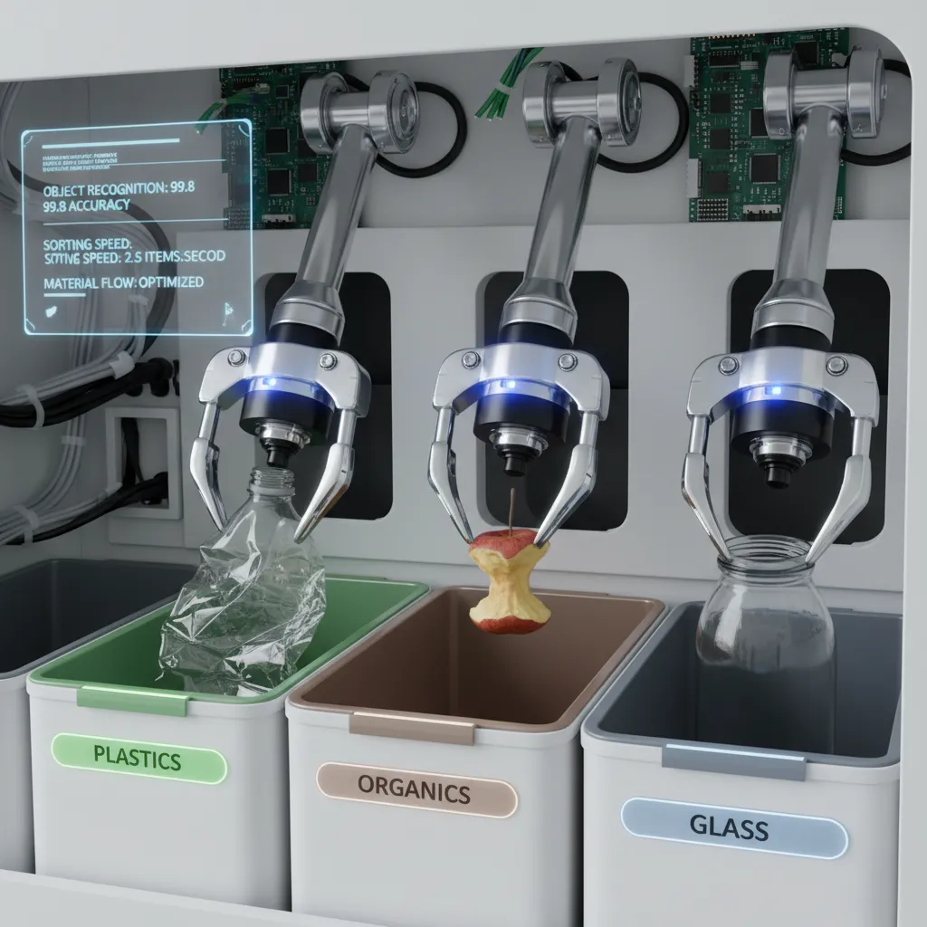 AI-powered robotic arms sorting waste in a smart bin.