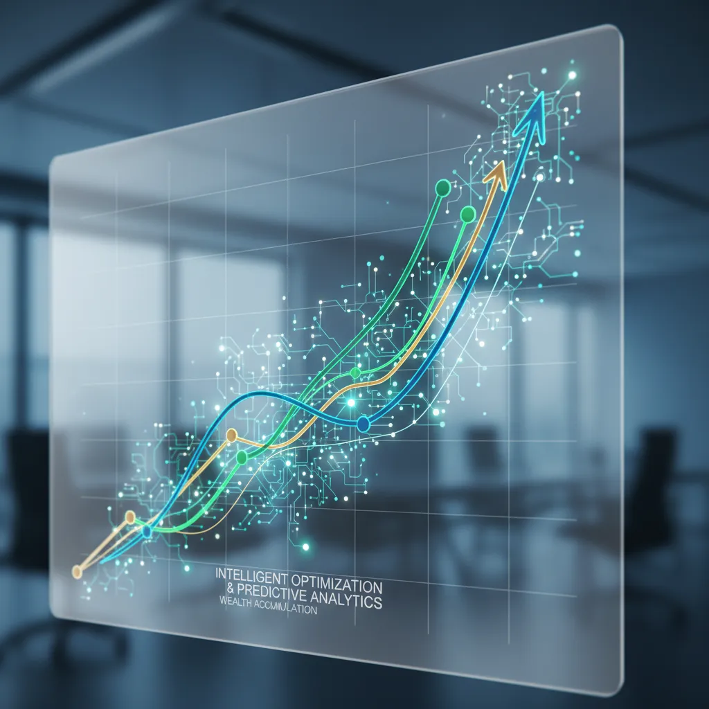 A sleek, futuristic graph shows upward trends in wealth growth, powered by AI analytics.