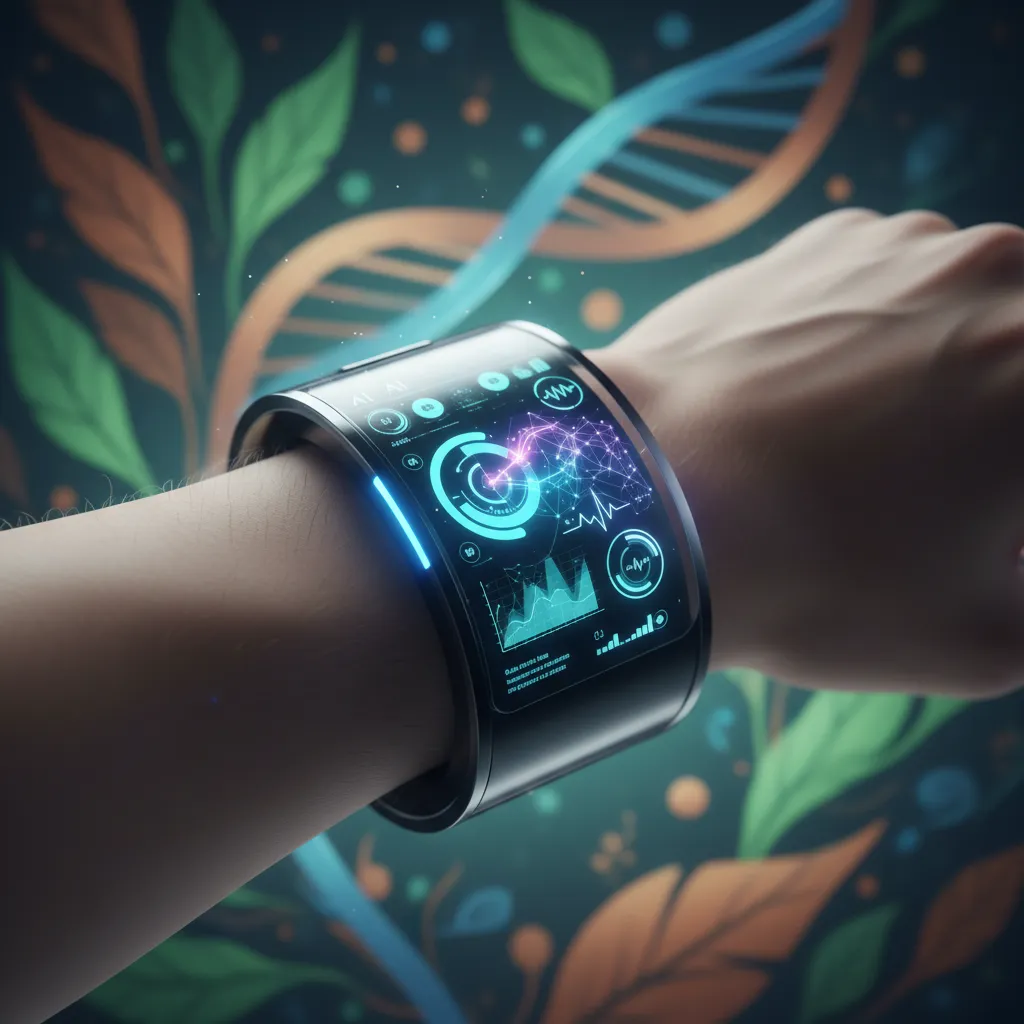 A person's wrist with a futuristic AI wearable displaying holographic health data and personalized insights.