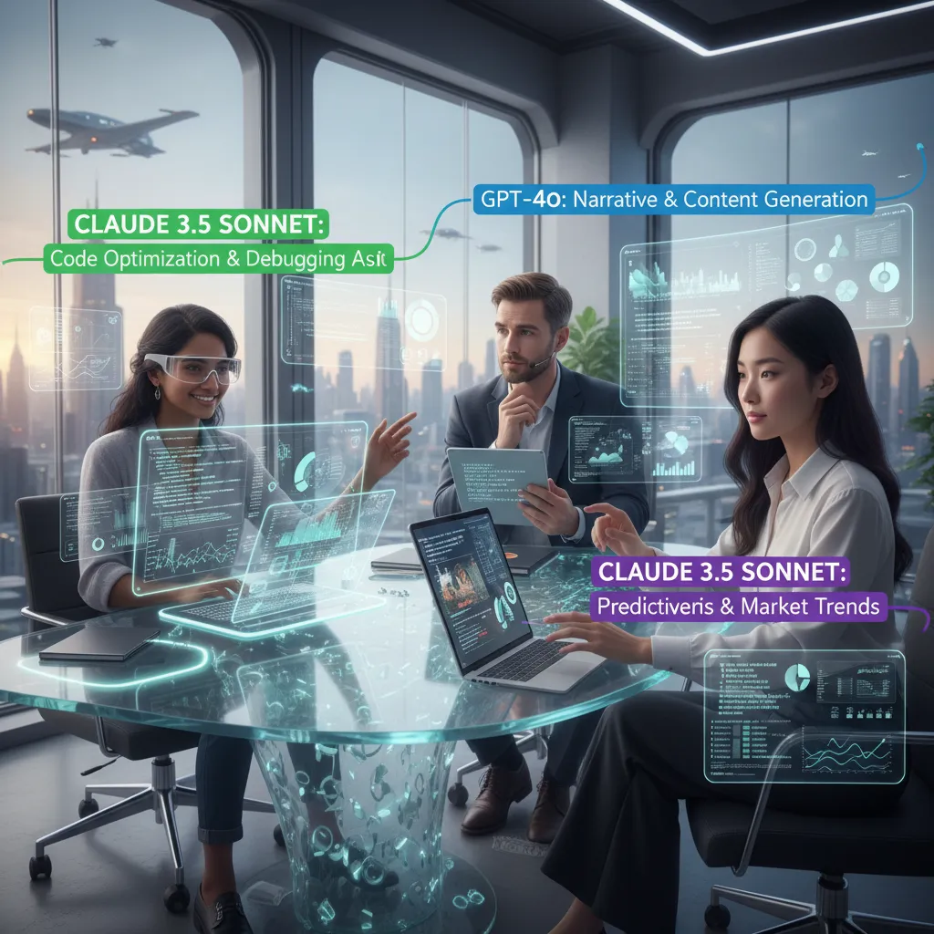 Professionals using AI in a futuristic work setting