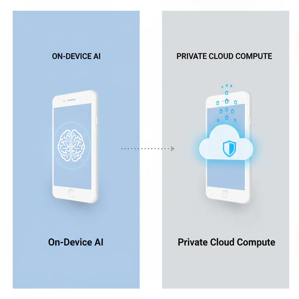 Diagram explaining the difference between On-Device AI and Private Cloud Compute in Apple Intelligence.