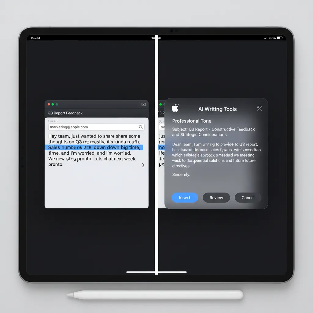 An example of Apple's AI Writing Tools proofreading and rewriting text within an application.