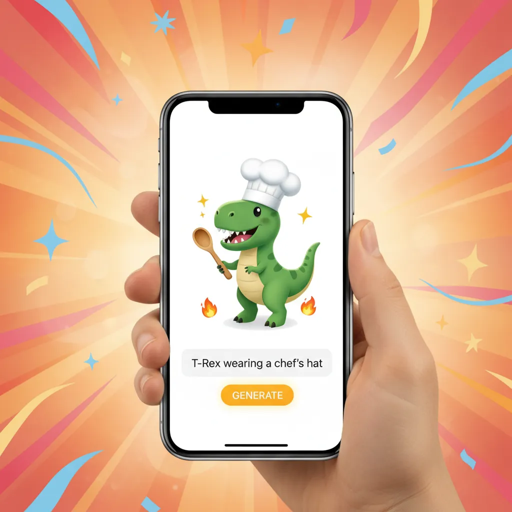A user creating a unique Genmoji of a T-Rex wearing a chef's hat on their iPhone.