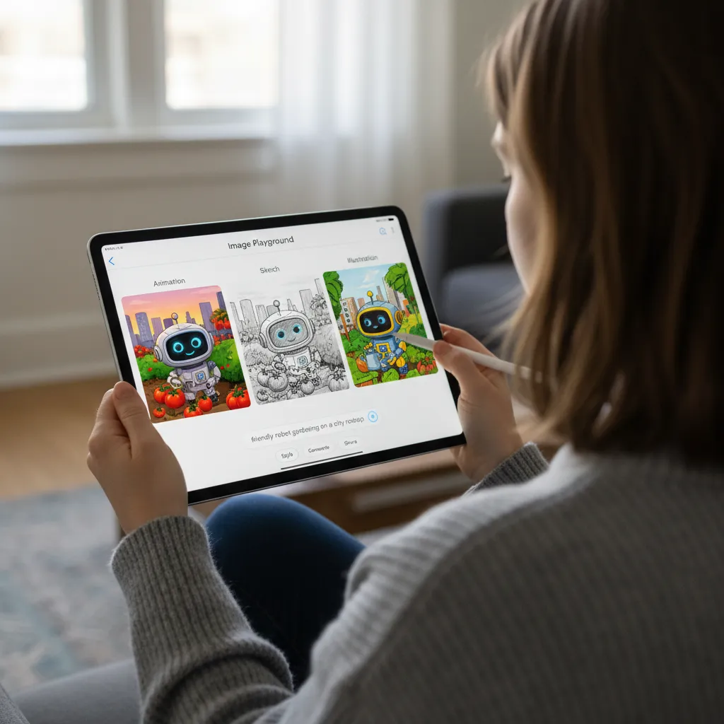 The Image Playground AI tool on an iPad, showing how users can create images from text descriptions.