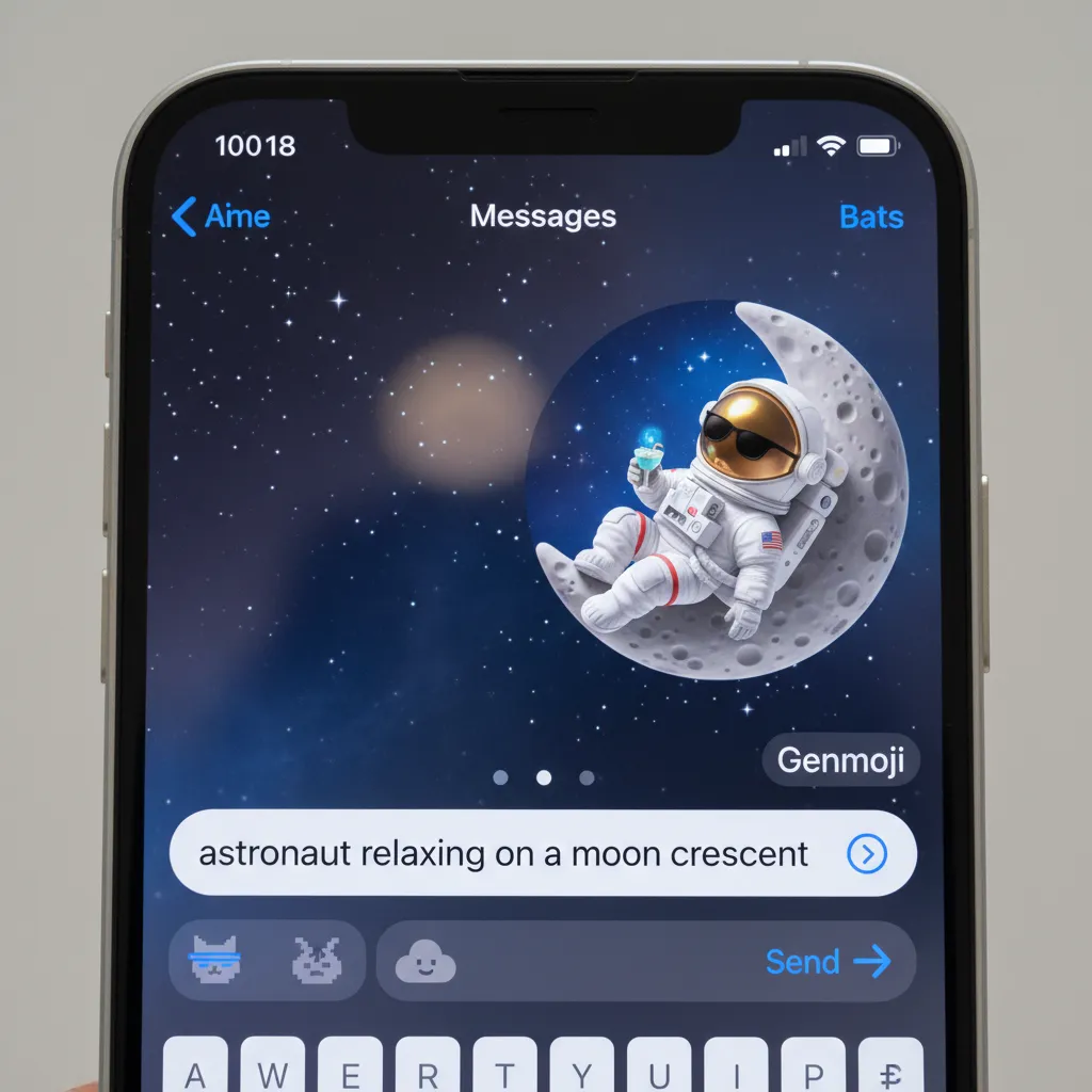 An iPhone screen displaying the creation of a unique Genmoji in the Messages app.
