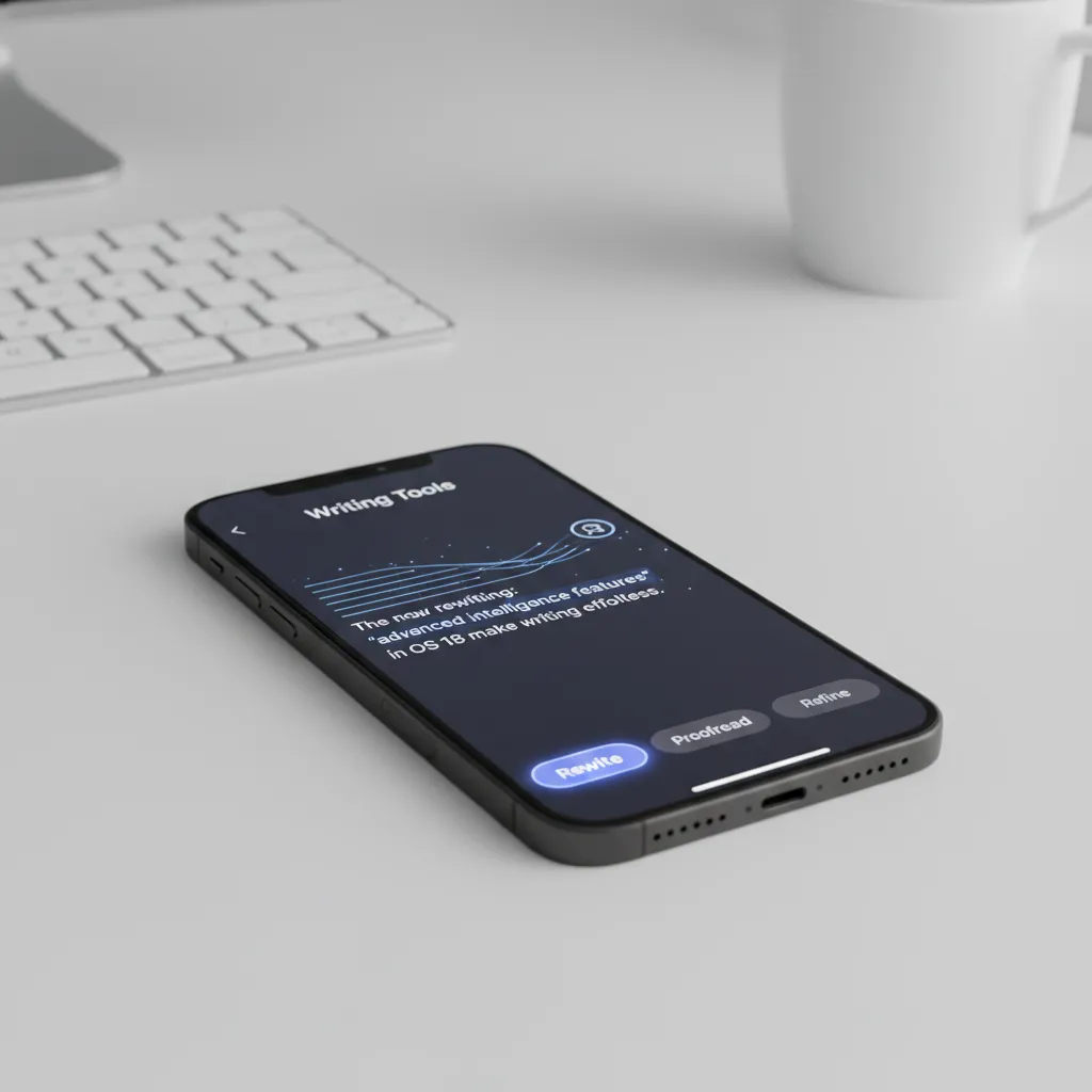 An iPhone screen showing the new AI-powered Writing Tools rewriting a paragraph of text in the Notes app with a single tap.