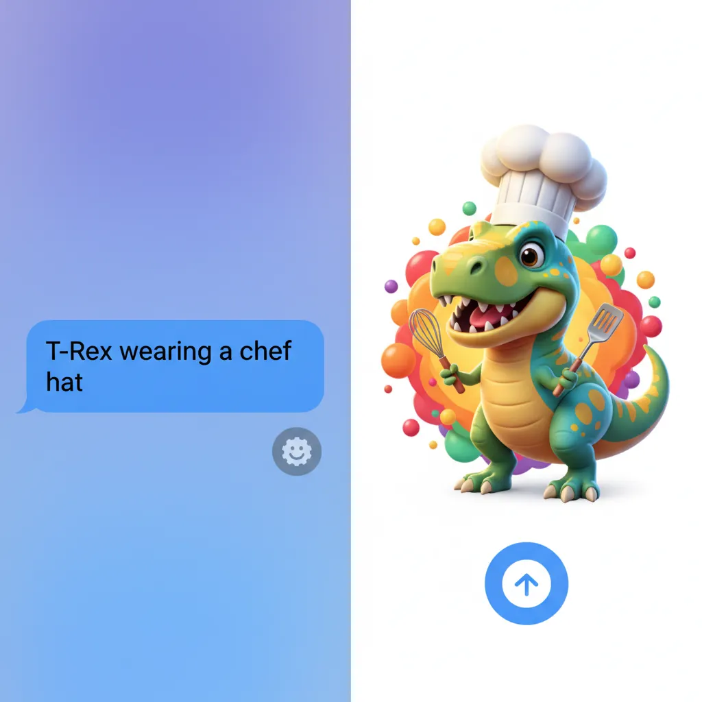 An example of the Genmoji feature in iMessage, showing a custom AI-generated emoji of a T-Rex wearing a chef hat.