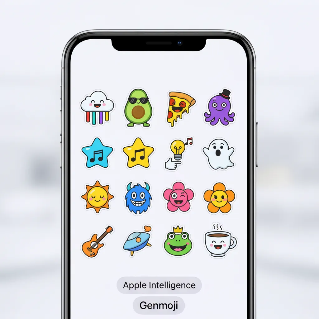 A visual grid showing the new Genmoji feature in iOS 18 creating custom emojis on an iPhone.