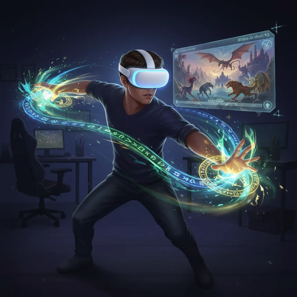 A gamer fully immersed in a fantasy world, using hand gestures to cast spells with the Apple Vision Pro.