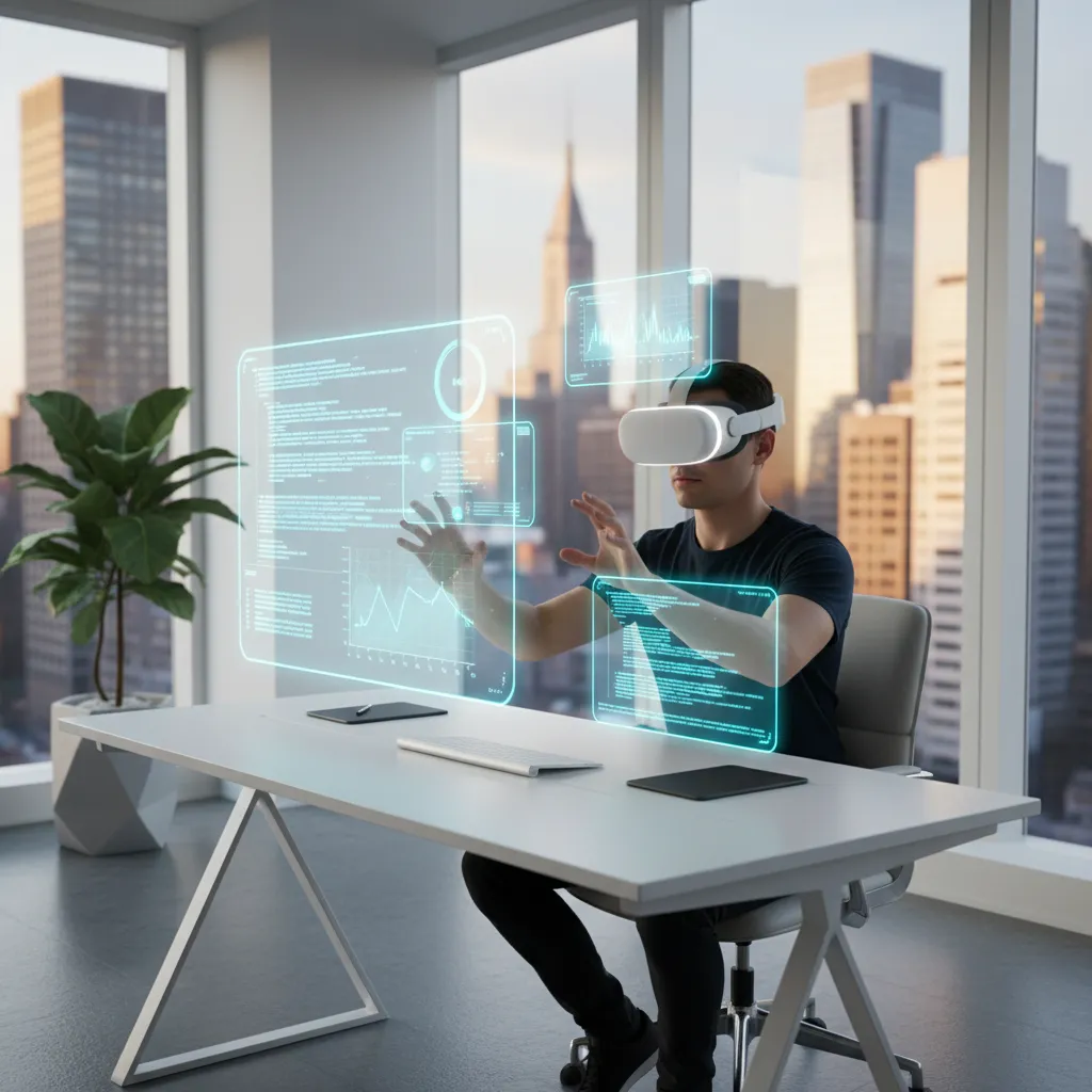 A user interacting with a floating productivity app interface using the Apple Vision Pro in a modern home office.